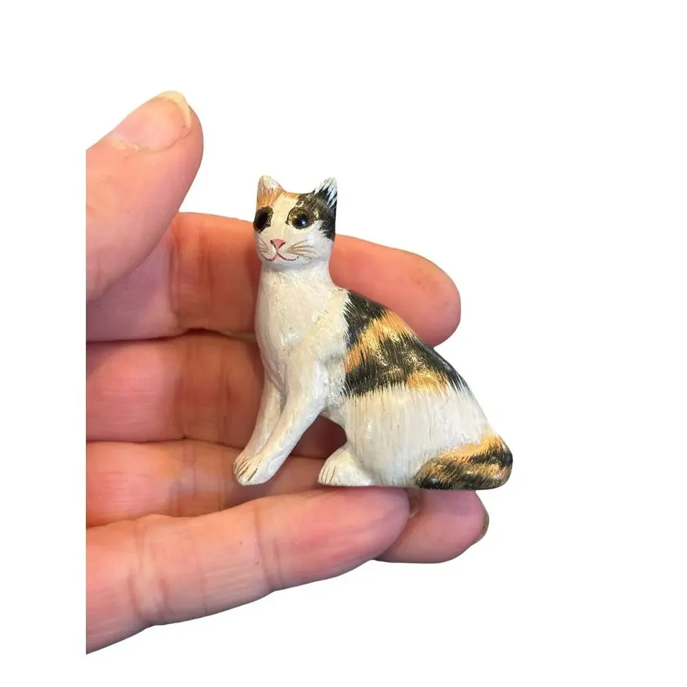Whimsical Calico Cat Brooch Hand Painted Wood Folk Art Kitty Pin Vintage